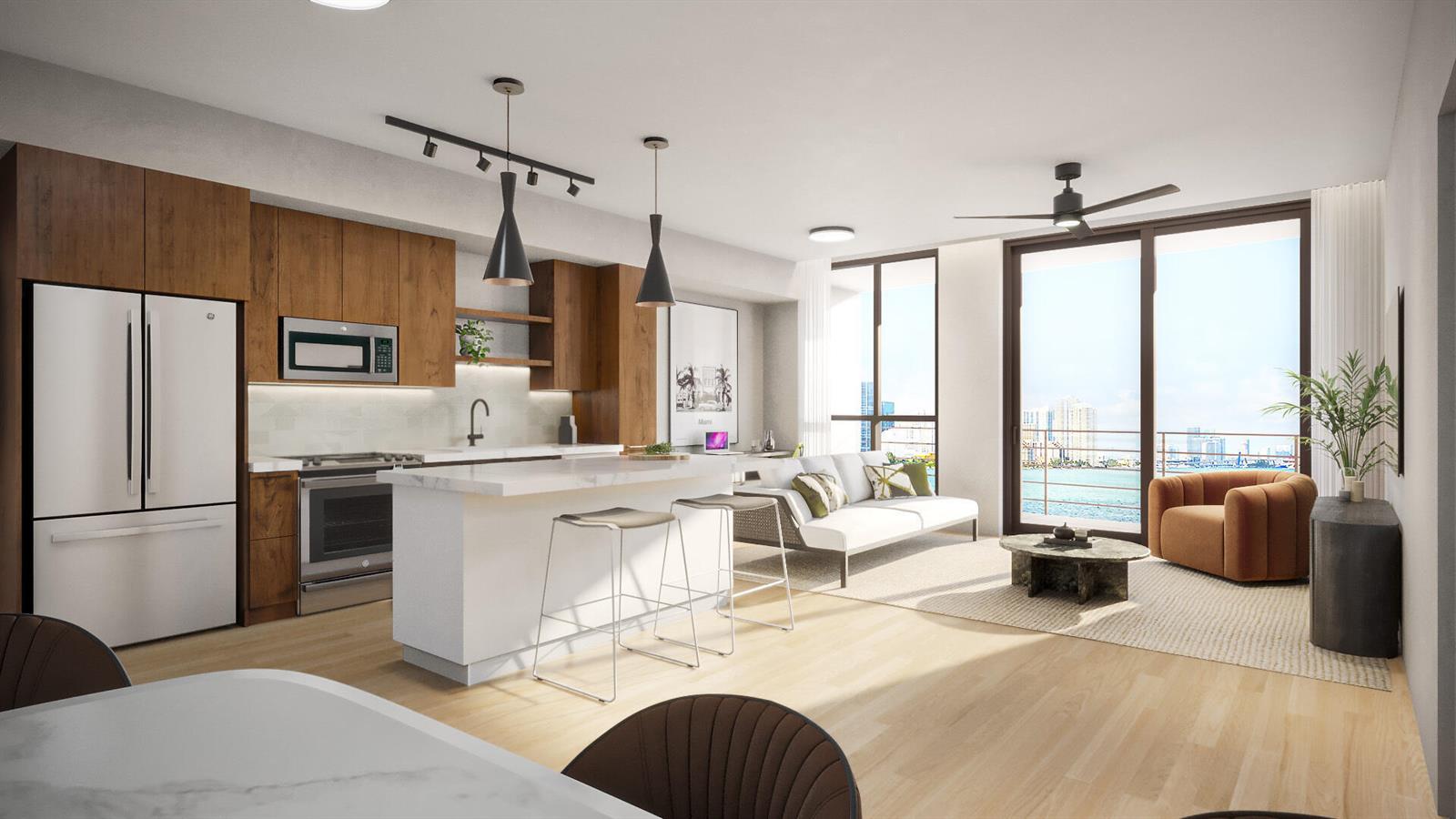 This rendering shows an open-concept kitchen and living area with wood cabinets and balcony views — 11295 Biscayne Boulevard # 116, Miami FL 33181, MIAMI, FL