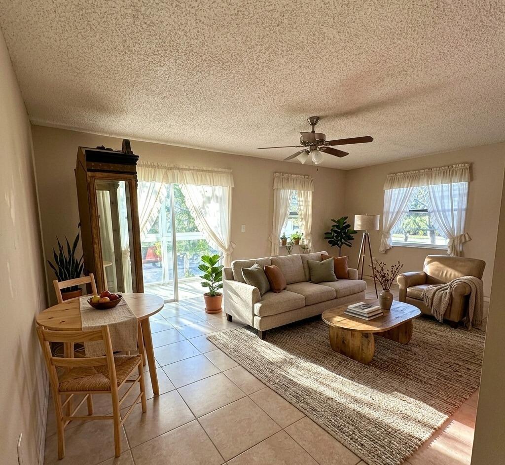 A living room with tile floors, a beige sofa, a wooden coffee table, and dining area — 5190 E Sabal Palm Boulevard # 201, Tamarac FL 33319, TAMARAC, FL
