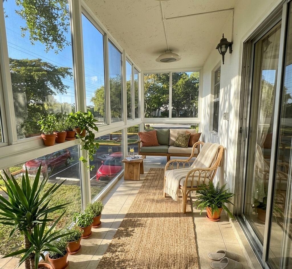 A sunroom with large windows, tiled floors, a jute rug, and potted plants — 5190 E Sabal Palm Boulevard # 201, Tamarac FL 33319, TAMARAC, FL