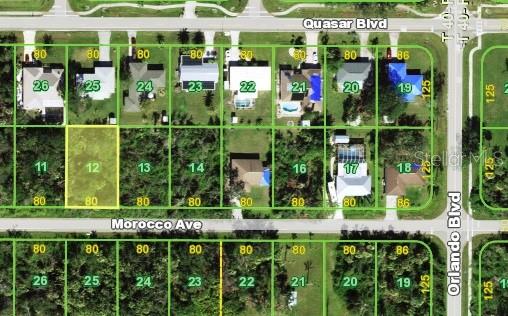 This is a satellite map showing a residential neighborhood with numbered lots and street names — 22478 MOROCCO AVENUE, PORT CHARLOTTE, FL
