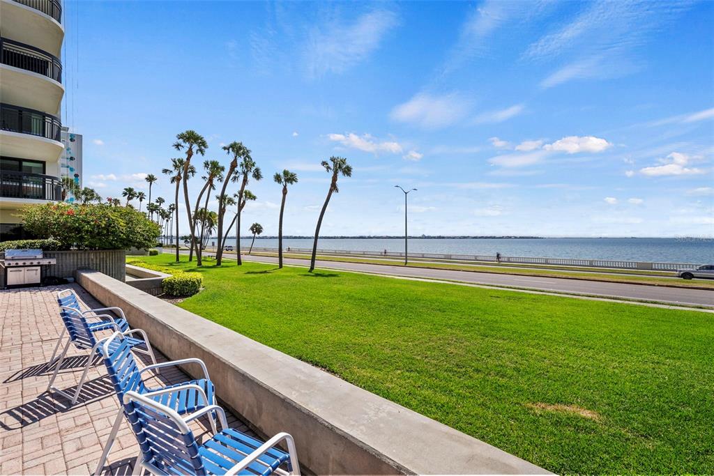 A patio with blue chairs overlooks a grassy lawn, a road, and the water — 2413 BAYSHORE BOULEVARD UNIT 803, TAMPA, FL