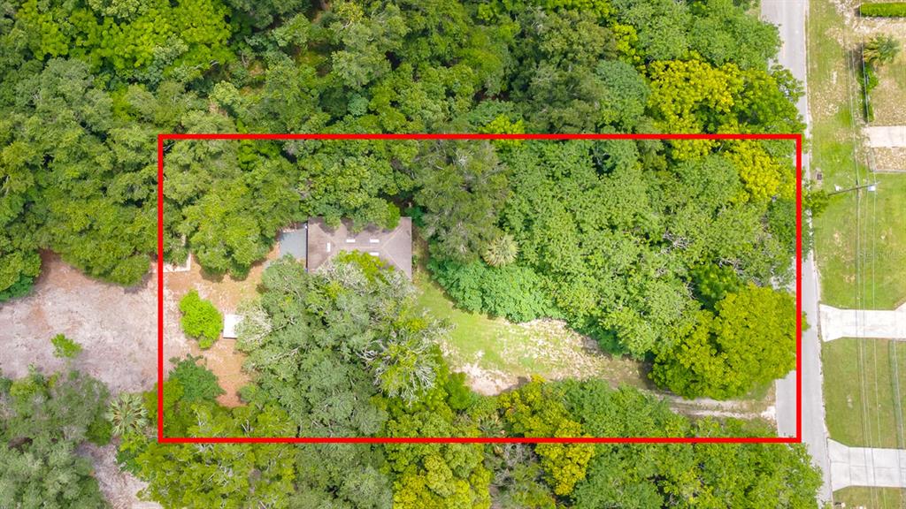An aerial view shows a house nestled within a dense, wooded lot near a road — 497 W BERESFORD ROAD, DELAND, FL