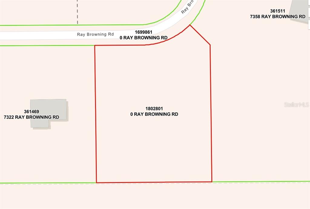 This is a property map showing a rectangular parcel of land along a road — 0 RAY BROWNING ROAD, BROOKSVILLE, FL