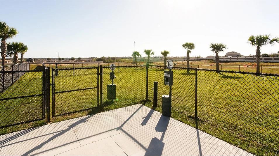 A fenced-in outdoor dog park area features a concrete patio and a waste disposal station — 293 CERAMIC COURT, GROVELAND, FL
