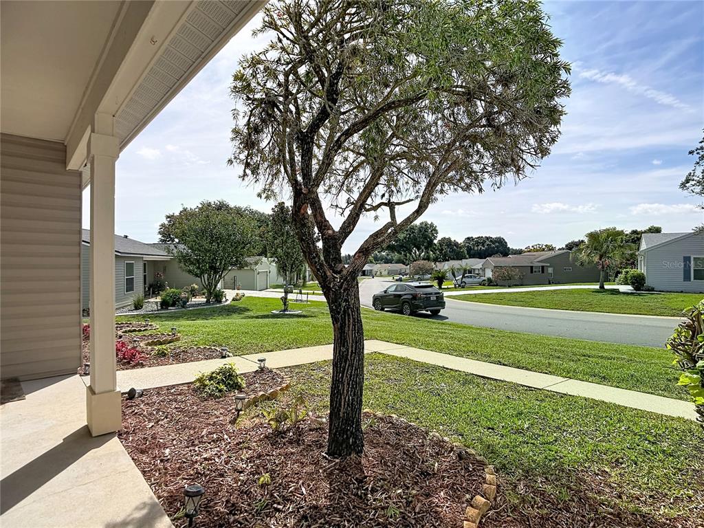 A view from a covered porch looking out at a front yard and neighborhood street — 6121 KITTIWAKE DRIVE, LAKELAND, FL