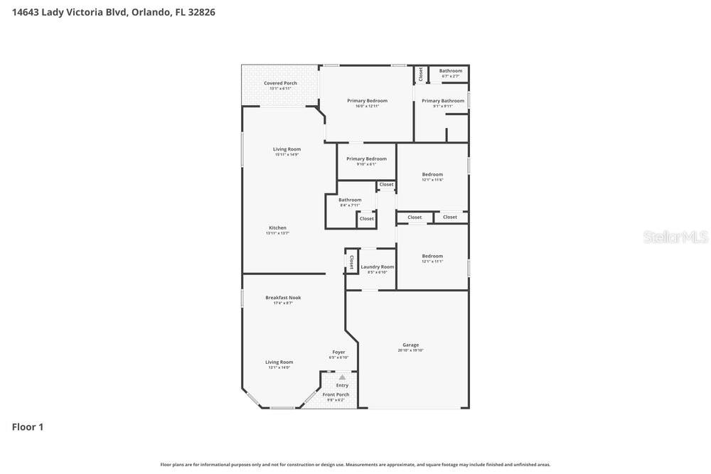 This is a floor plan of a single-story house with a garage and two porches — 14643 LADY VICTORIA BOULEVARD, ORLANDO, FL