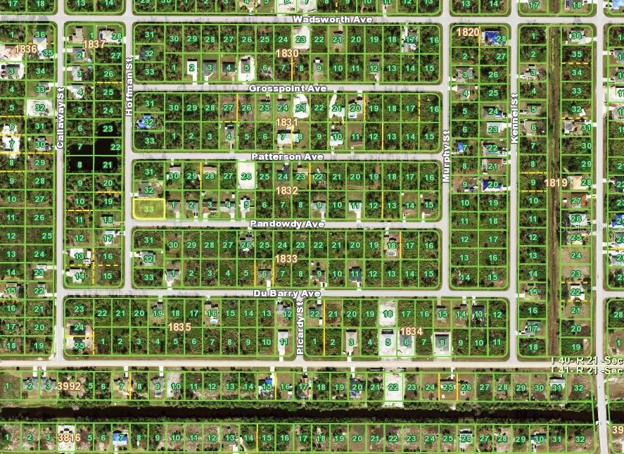 This is a map showing residential property lots and street layouts in a neighborhood — 12070 PANDOWDY AVENUE, PORT CHARLOTTE, FL