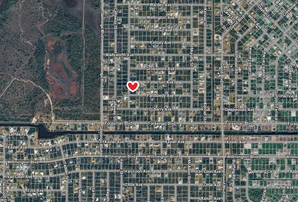 This is an aerial map showing a residential neighborhood with a red heart icon — 12070 PANDOWDY AVENUE, PORT CHARLOTTE, FL