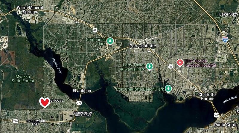 This is a satellite map showing the location of a property in Port Charlotte, Florida — 12070 PANDOWDY AVENUE, PORT CHARLOTTE, FL