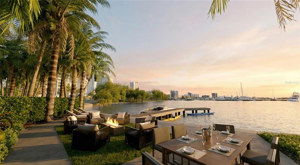 This is a rendering of an outdoor patio with a dining area and fire pit — 688 GOLDEN GATE POINT UNIT 302, SARASOTA, FL