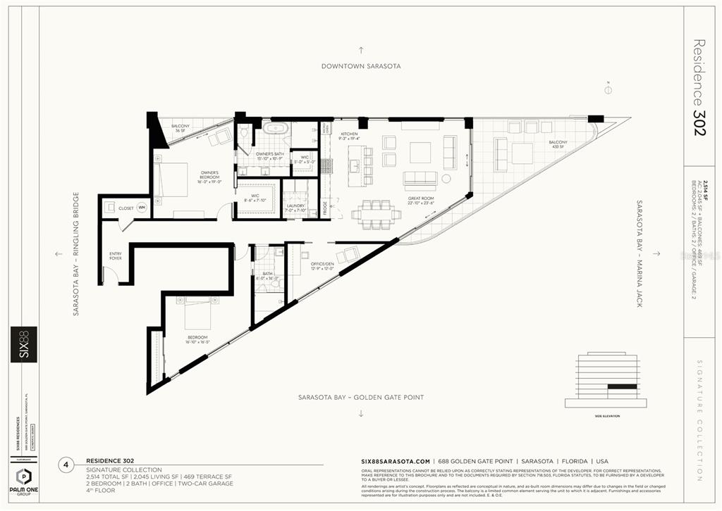 This is a floor plan for a two-bedroom residence featuring an office, two baths, and balconies — 688 GOLDEN GATE POINT UNIT 302, SARASOTA, FL
