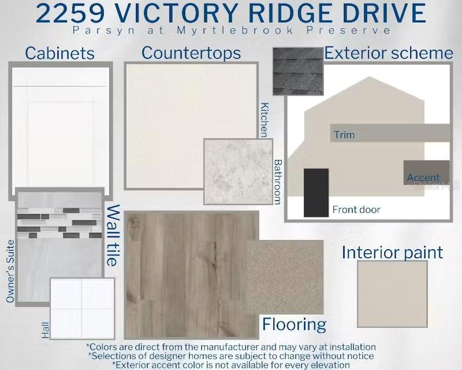 This design board displays interior and exterior finish samples for a residential property — 2259 VICTORY RIDGE DRIVE, LAKELAND, FL