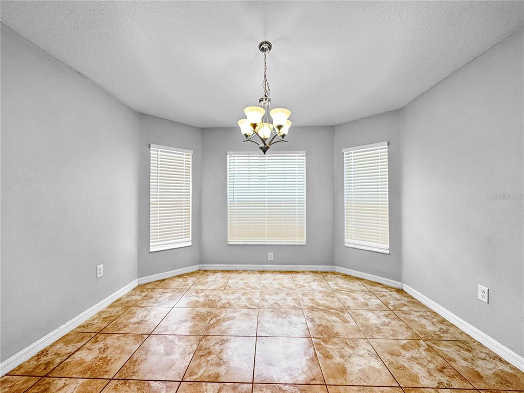 A dining area features light gray walls, tile flooring, and a central chandelier — 10520 STANDING STONE DRIVE, WIMAUMA, FL