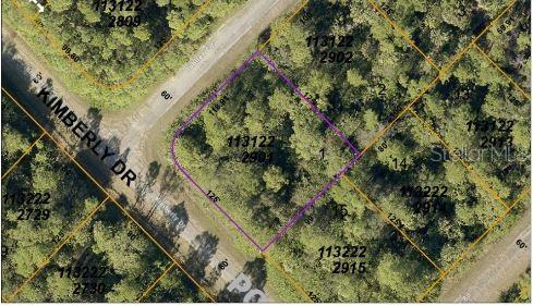 This is an aerial map view of a vacant, wooded residential lot outlined in purple — JUBILEE CIRCLE, NORTH PORT, FL