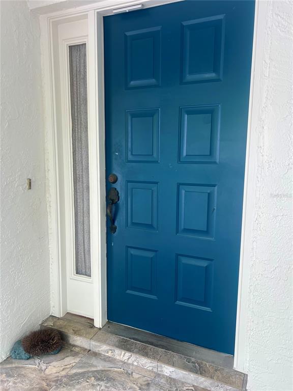 A teal front door with eight panels and a side window sits on a tiled porch — 3629 INDIGO POND DRIVE UNIT 3629, PALM HARBOR, FL