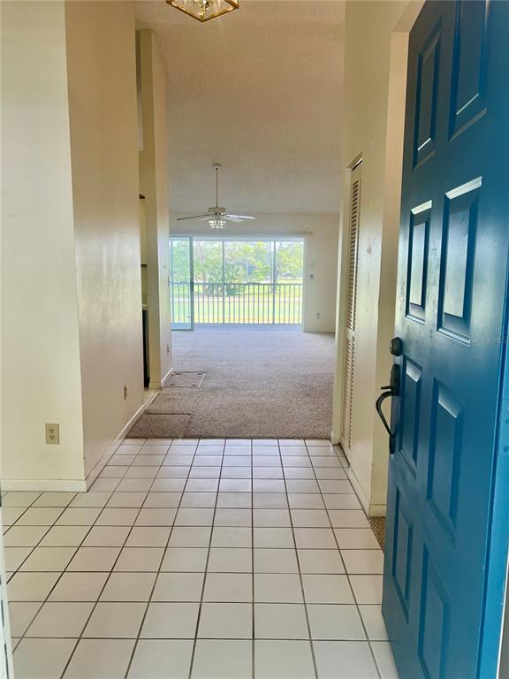 A tiled entryway leads into a carpeted living area with a sliding glass door to a balcony — 3629 INDIGO POND DRIVE UNIT 3629, PALM HARBOR, FL