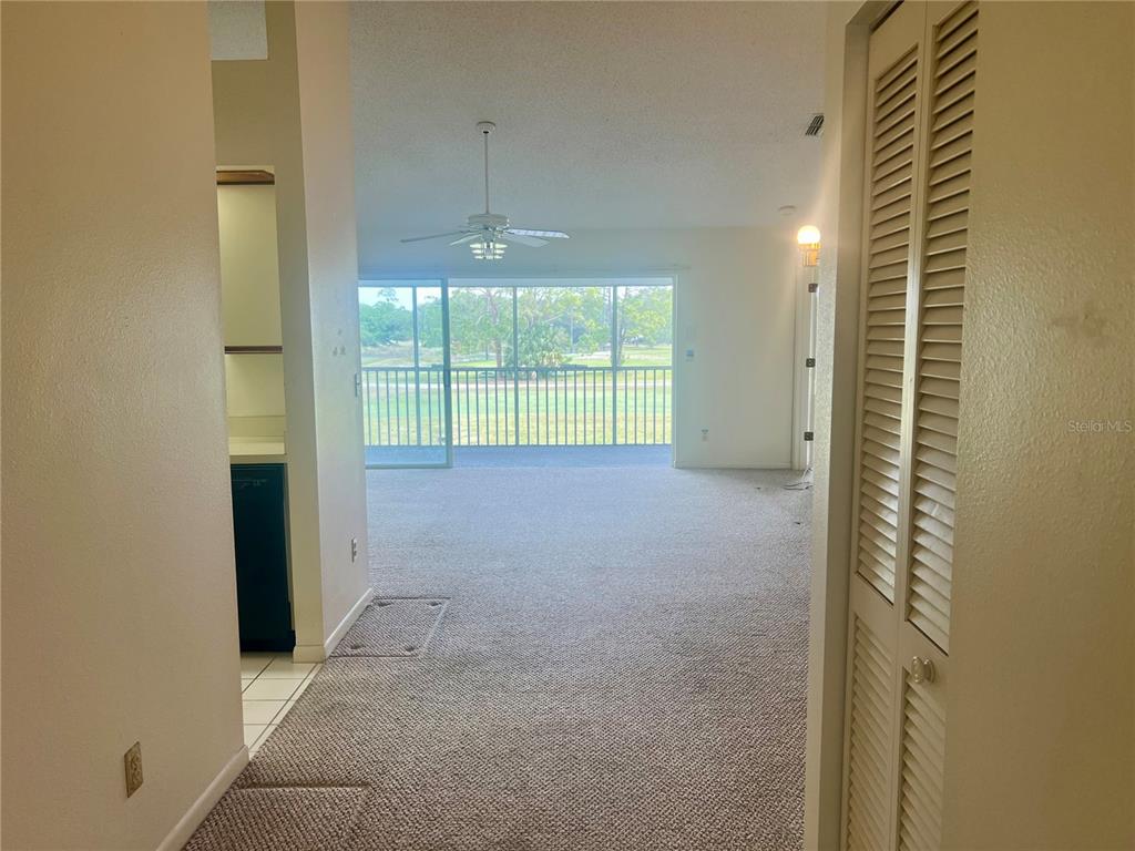 A carpeted living area leads to a screened balcony overlooking a grassy outdoor space — 3629 INDIGO POND DRIVE UNIT 3629, PALM HARBOR, FL