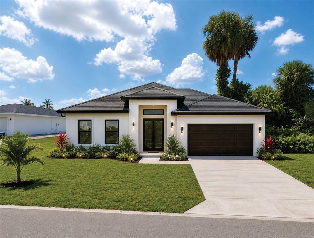 A modern single-story house features a dark tiled roof, white stucco walls, and a two-car garage — 2748 NE 6TH PLACE, CAPE CORAL, FL