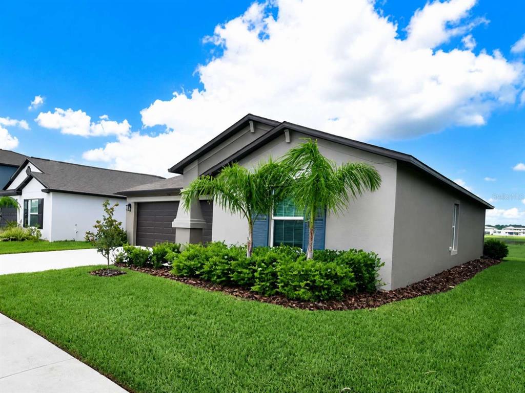 A single-story house with a gray exterior, a two-car garage, and palm trees in front — 9685 BRANCHING SHIP TRACE, WESLEY CHAPEL, FL