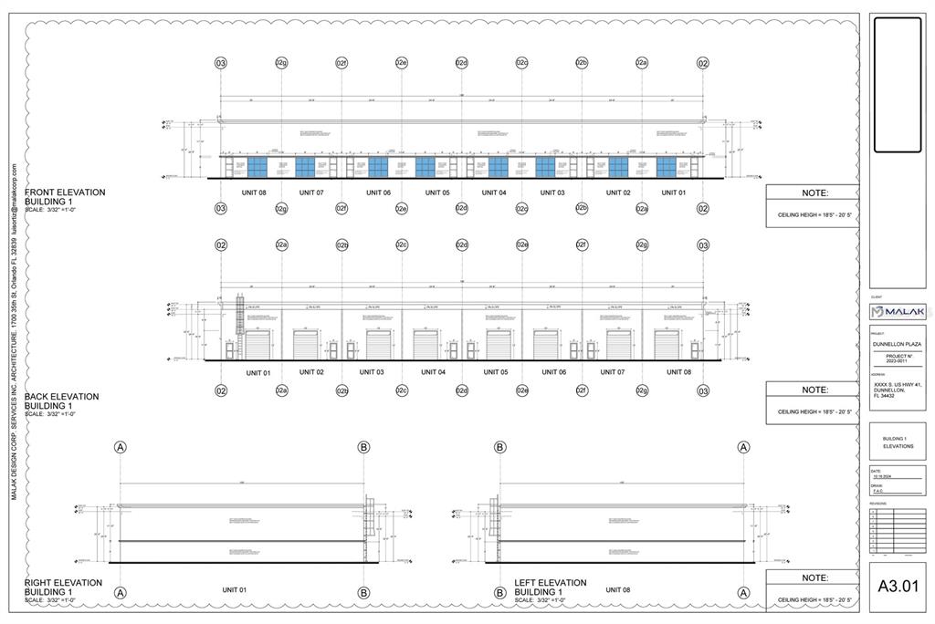 This architectural rendering shows the front, back, right, and left elevations for Building 1 — TBD US HWY 41, DUNNELLON, FL