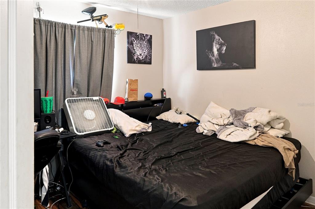 A bedroom features a black bed, a box fan, and wall art of a lion — 4243 MENDENWOOD LANE, ORLANDO, FL