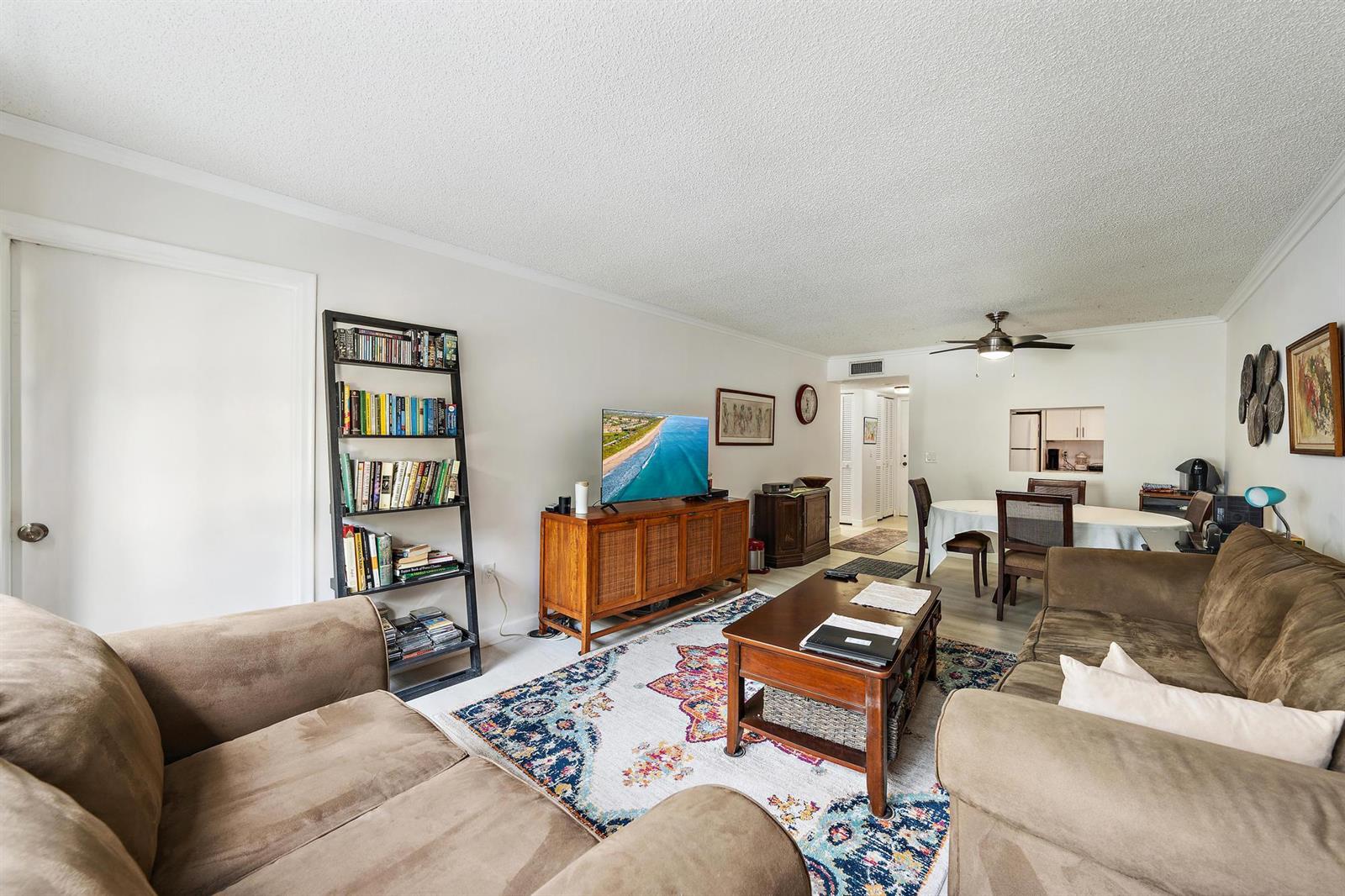 A living room features a brown sofa, a patterned area rug, and a wooden media console — 1516 S Lakeside Drive # 207, FL 33460, FL