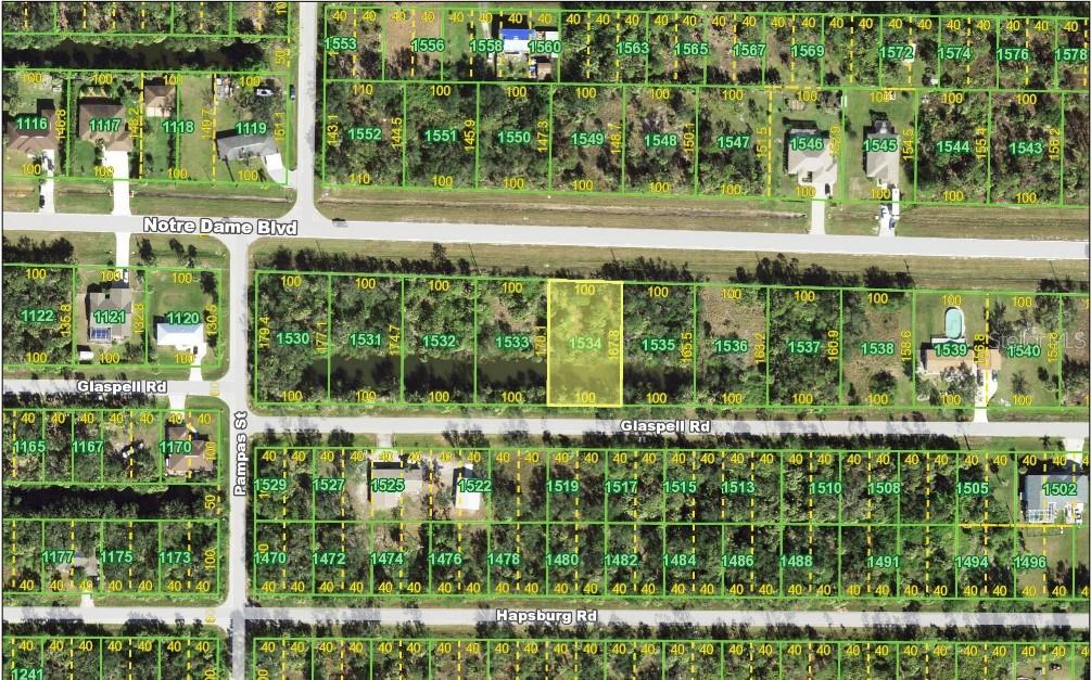 This is a map showing residential land parcels and street layouts in a neighborhood — 26201 NOTRE DAME BLVD, PUNTA GORDA, FL