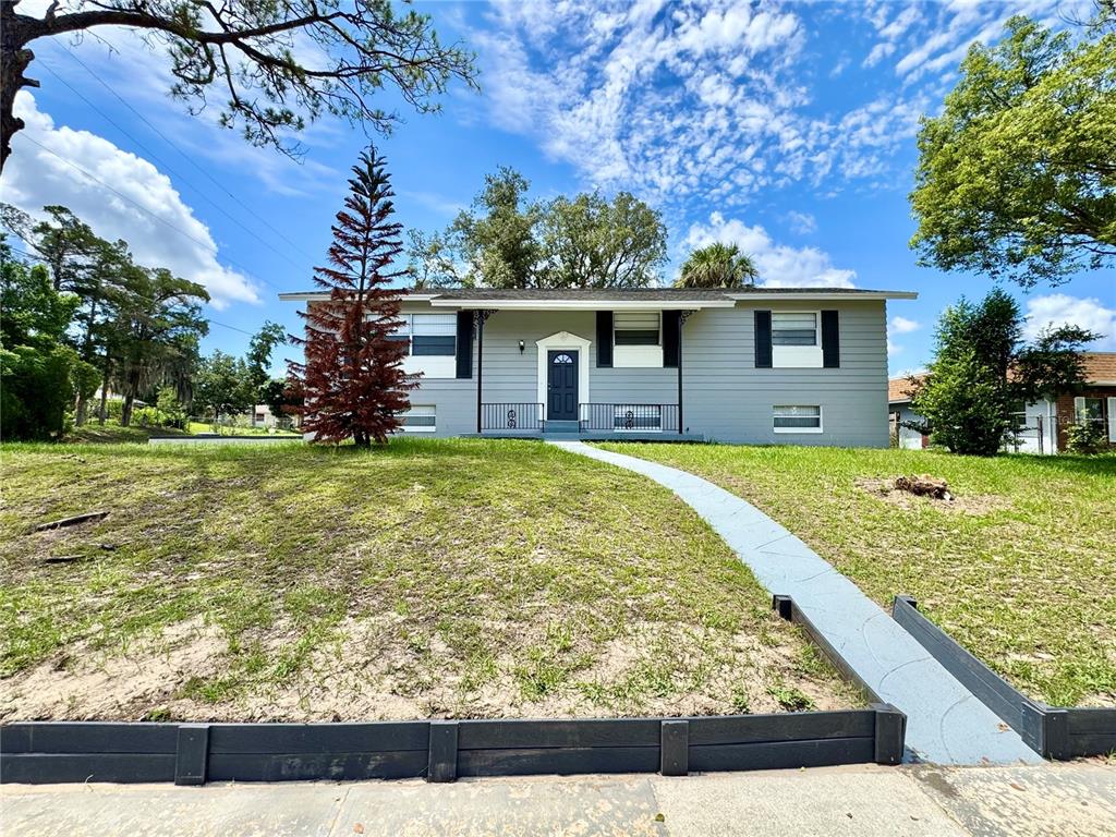 A gray, single-story house with a front walkway and a prominent evergreen tree — 6802 NAWADAHA BOULEVARD, ORLANDO, FL