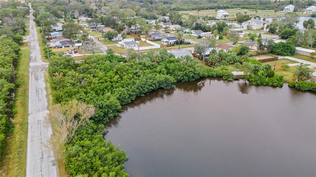 An aerial view shows a residential neighborhood bordering a large pond and dense vegetation — 4935 LARGO TERRACE, NEW PORT RICHEY, FL