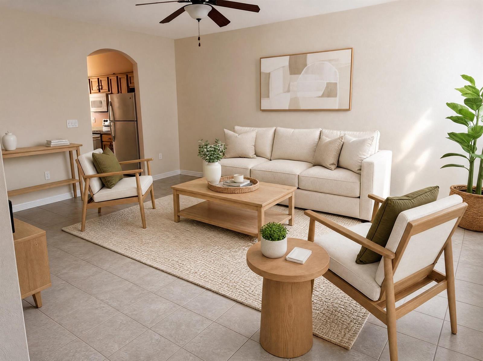 A living room features a beige sofa, two wooden armchairs, a coffee table, and tile flooring — 2131 SE Destin Drive, FL 34952, FL
