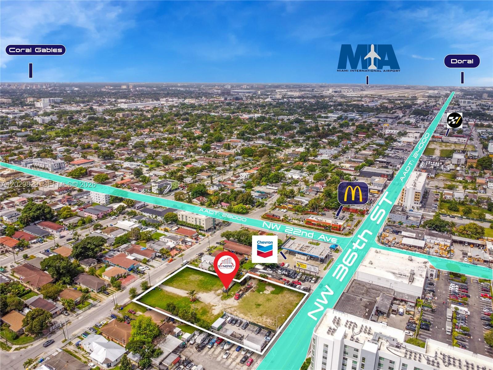 This aerial map shows a vacant lot located at the intersection of NW 36th Street and NW 22nd Avenue — 2140 NW 36th St, Miami FL 33142, MIAMI, FL