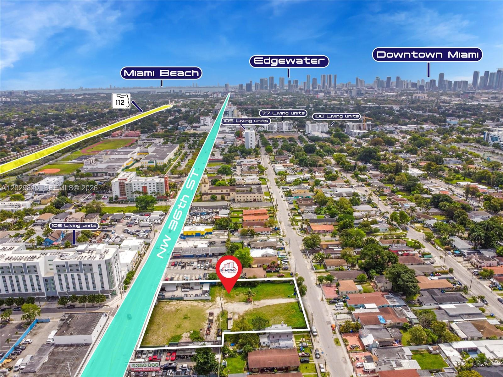 An aerial view shows a vacant lot highlighted in white along a major city street — 2140 NW 36th St, Miami FL 33142, MIAMI, FL