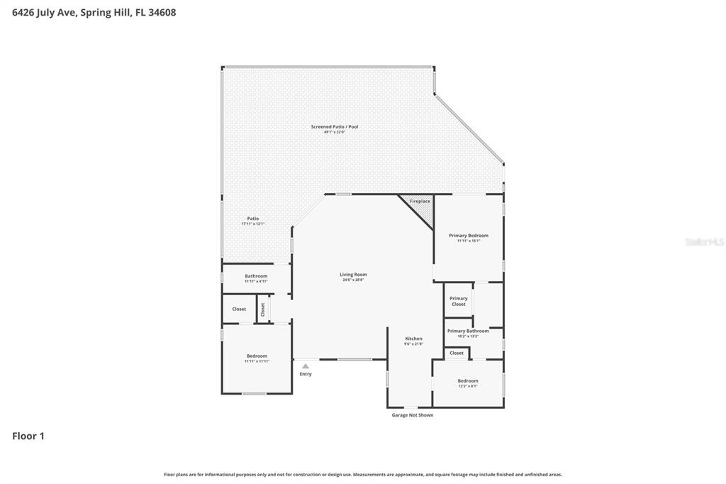 This is a floor plan for a single-story house with a screened patio and pool — 6426 JULY AVENUE, SPRING HILL, FL