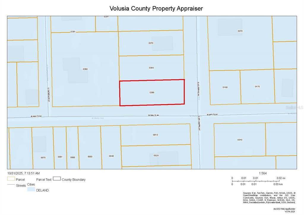 This is a property tax map showing parcel 0390 highlighted in red in DeLand, Florida — 344 S DELAWARE AVENUE, DELAND, FL