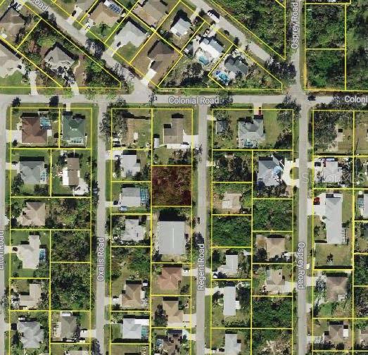 This aerial map shows a vacant, wooded residential lot surrounded by houses and paved roads — 5788 REGENT ROAD, VENICE, FL