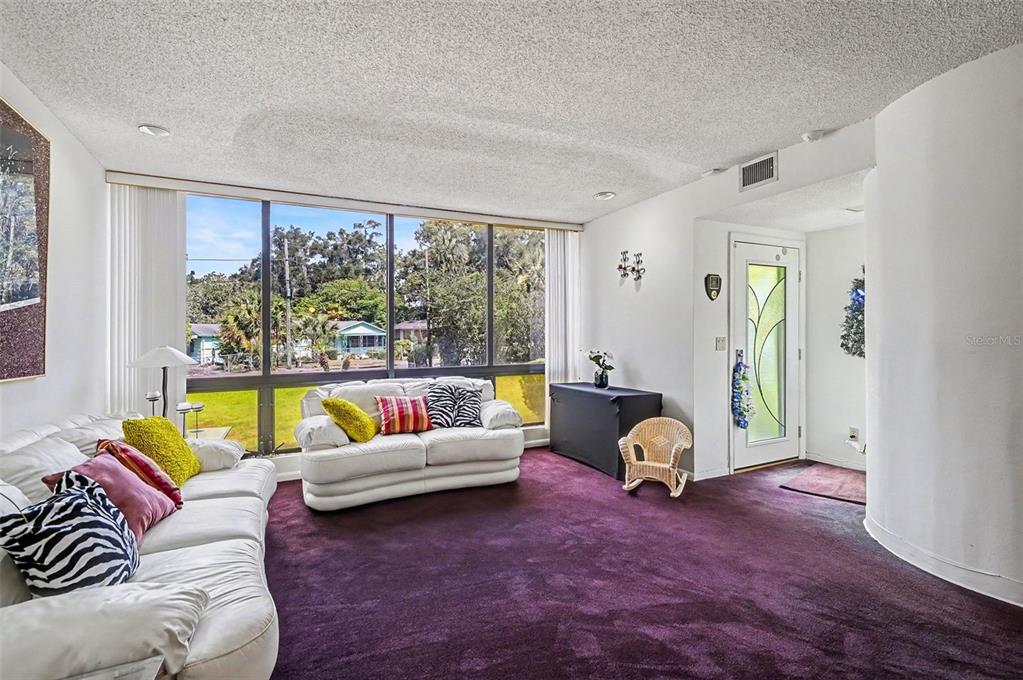 A living room features purple wall-to-wall carpeting, white sofas, and large floor-to-ceiling windows — 633 S DELAWARE AVENUE, DELAND, FL