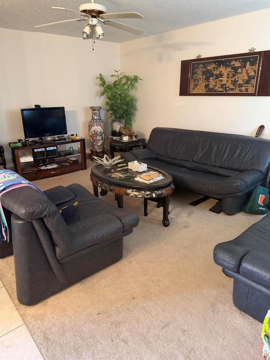 A living room features a dark leather sofa and armchair, a coffee table, and a television — 668 Monaco N # 668, Delray Beach FL 33446, DELRAY BEACH, FL