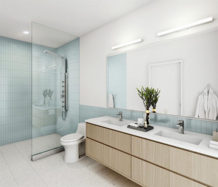 A rendering of a modern bathroom with a double vanity, glass shower, and light blue tiles — 2170 ROBINHOOD STREET UNIT A1-304, SARASOTA, FL