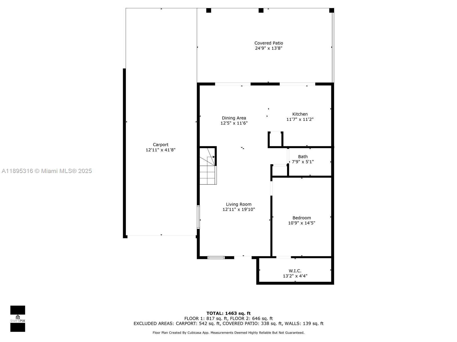 This is a floor plan showing a one-bedroom home with a carport and covered patio — 13780 SW 160th Ter, Miami FL 33177, MIAMI, FL