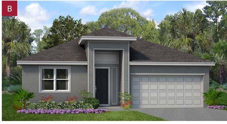 This is a digital rendering of a single-story house with a gray stucco exterior — 495 SILVER PALM DRIVE, HAINES CITY, FL