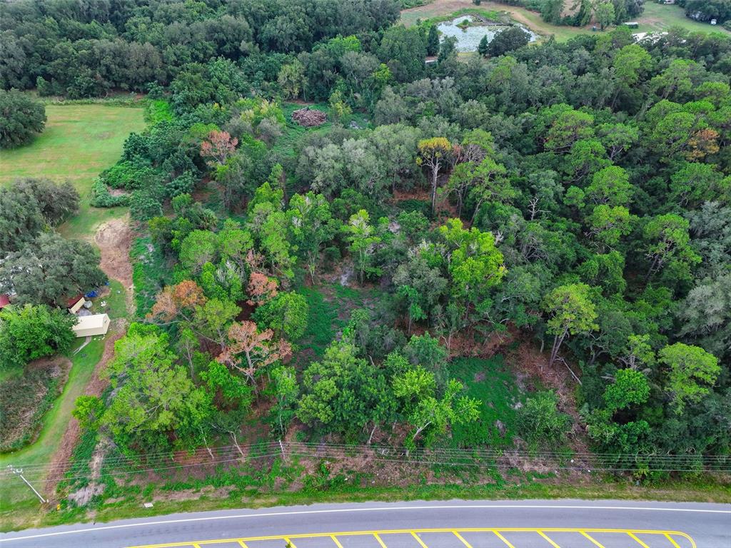 An aerial view shows a wooded lot bordering a paved road with a small structure nearby — COUNTY ROAD 48, YALAHA, FL