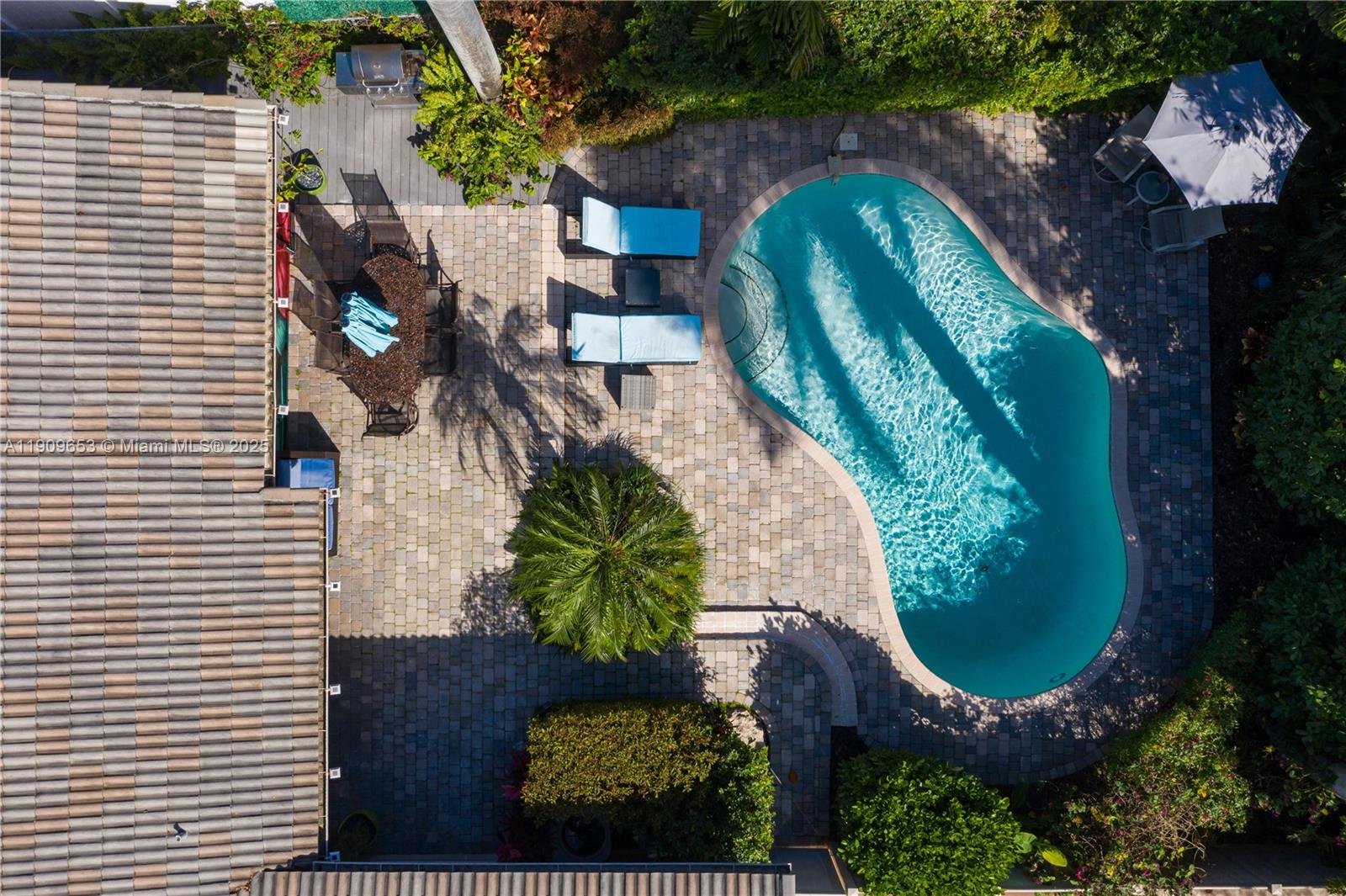 An aerial view shows a backyard with a swimming pool, patio furniture, and landscaping — 418 SE 3rd Ter # 0, Dania Beach FL 33004, DANIA BEACH, FL