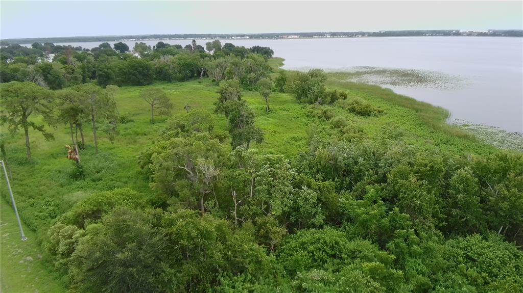 An aerial view shows a wooded lot bordering a lake next to a paved road — 0 ALFRED DRIVE E, LAKE ALFRED, FL