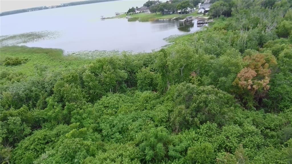 An aerial view shows a wooded lot situated between a highway and a lake — 0 ALFRED DRIVE E, LAKE ALFRED, FL