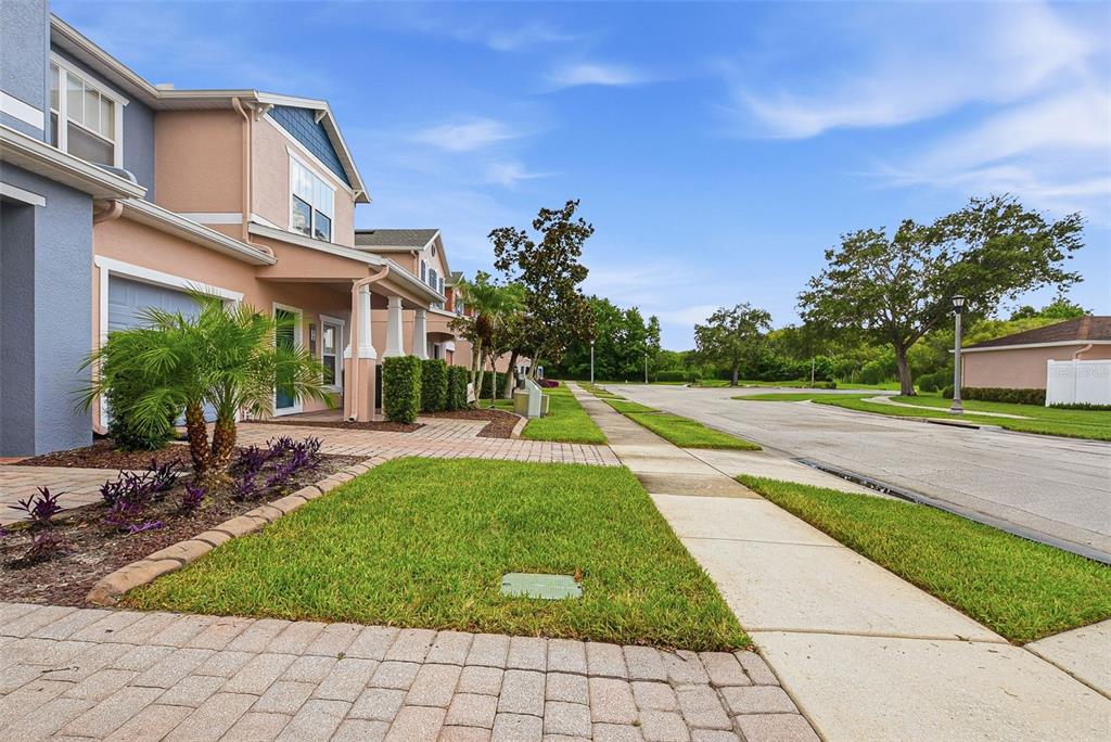 A row of two-story townhomes with paved driveways, green lawns, and a sidewalk along the street — 901 PINE POINTE LANE, ORLANDO, FL