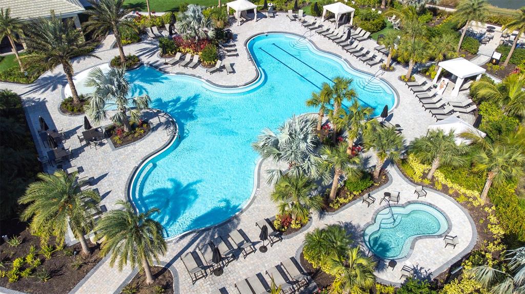 An aerial view of a resort-style swimming pool and hot tub surrounded by lounge chairs — 4639 GAROFALO ROAD, WESLEY CHAPEL, FL