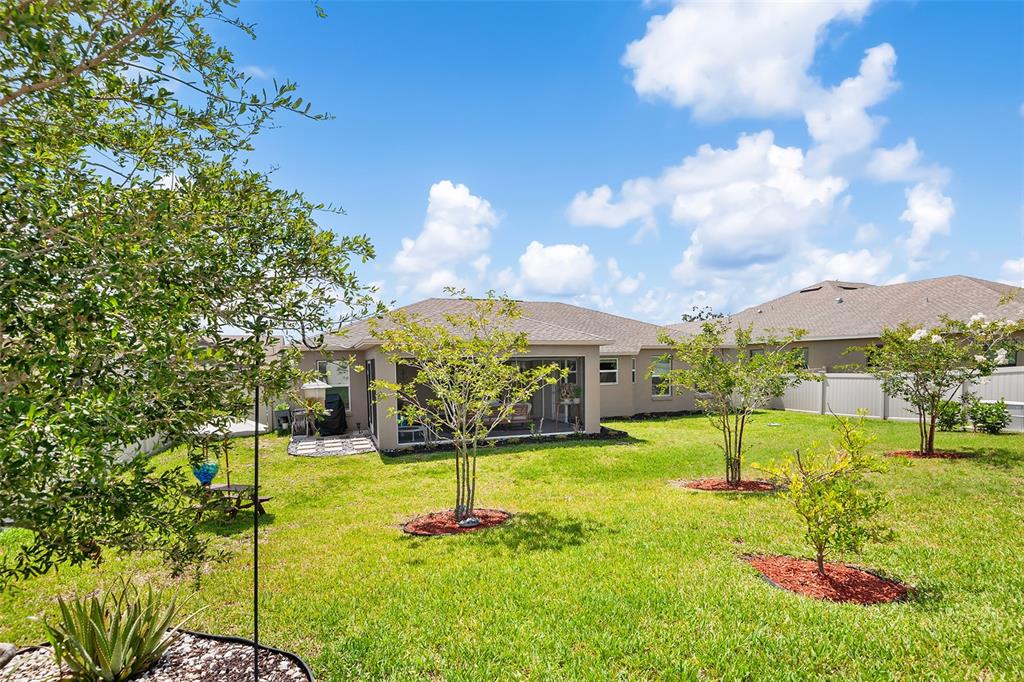 A backyard with a screened-in patio, several small trees, and a white vinyl privacy fence — 444 LAKE VIEW WAY, AUBURNDALE, FL