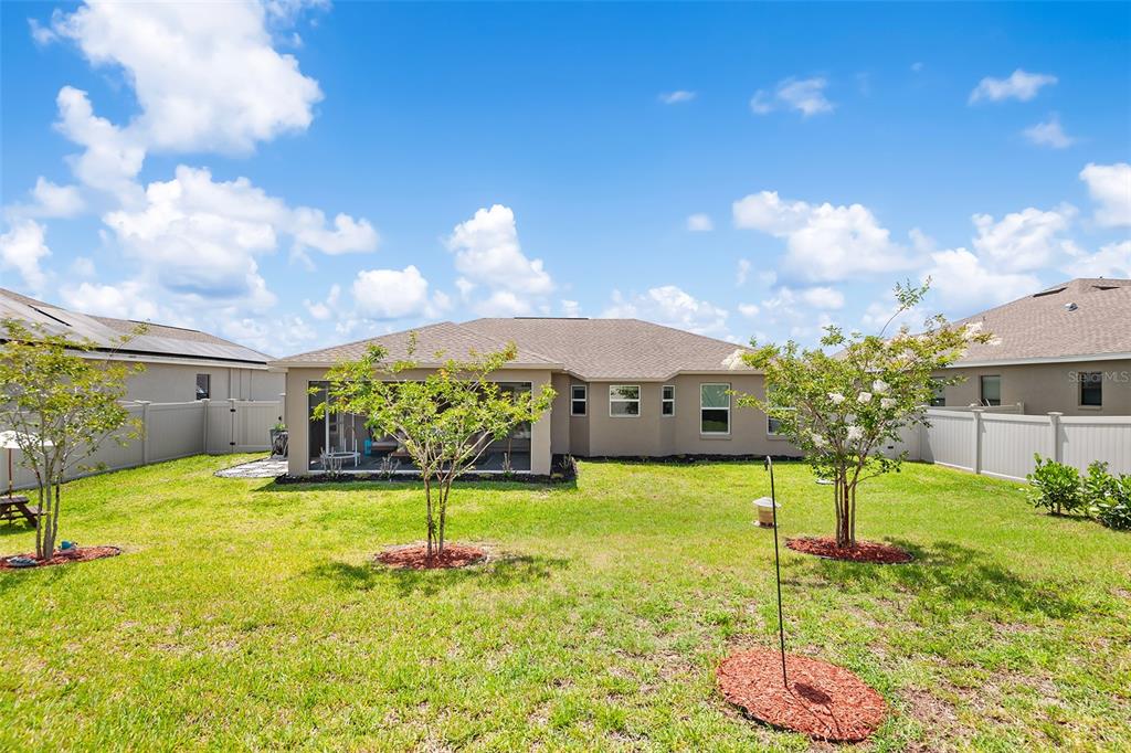 The backyard of a single-story house features a screened-in patio and three small trees — 444 LAKE VIEW WAY, AUBURNDALE, FL