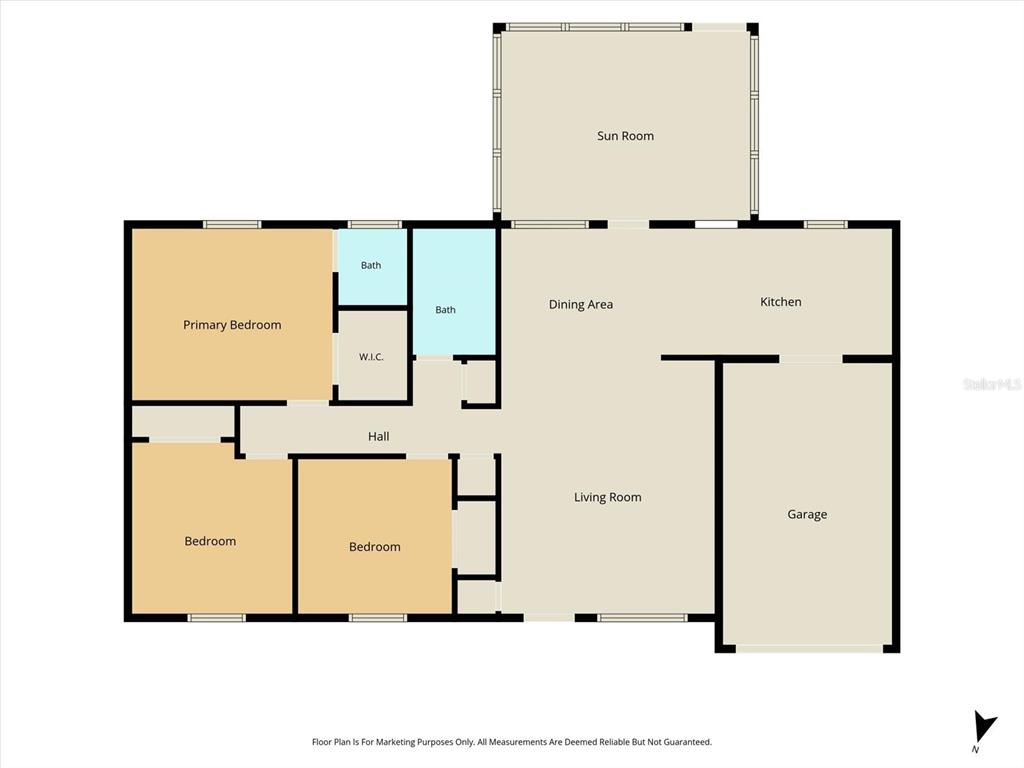 This is a floor plan showing a house with three bedrooms, two baths, and a garage — 7606 E SAVANNAH DRIVE, FLORAL CITY, FL