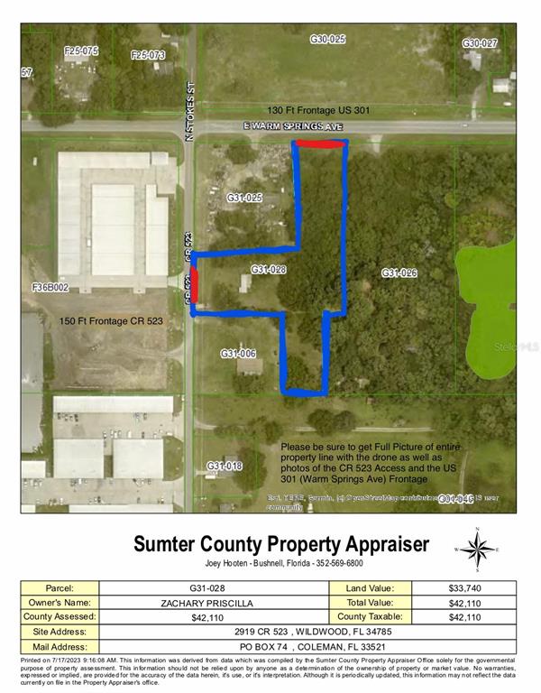 This is a property map showing parcel G31-028 outlined in blue — 2919 COUNTY ROAD 523, WILDWOOD, FL